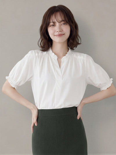 「兩色」全棉舒適透氣 木耳邊V領泡泡袖襯衫-白色-2XL