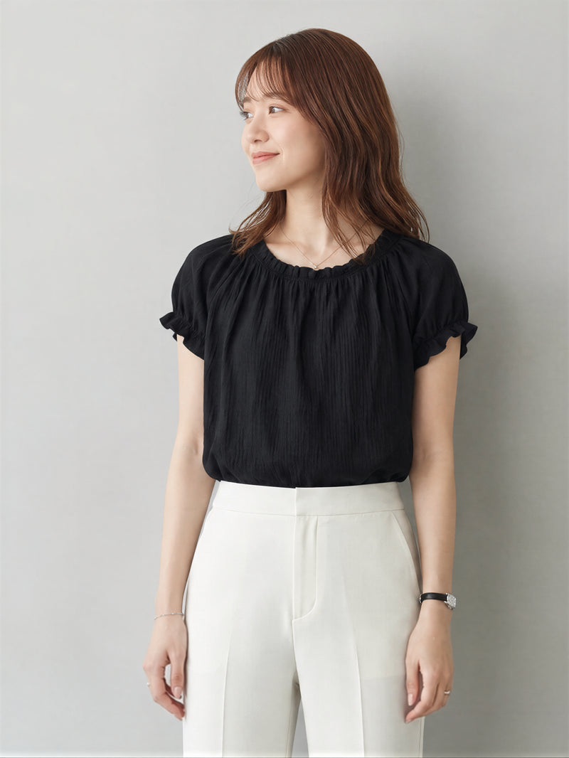 S-2XL 黑色木耳邊抓皺短袖上衣
