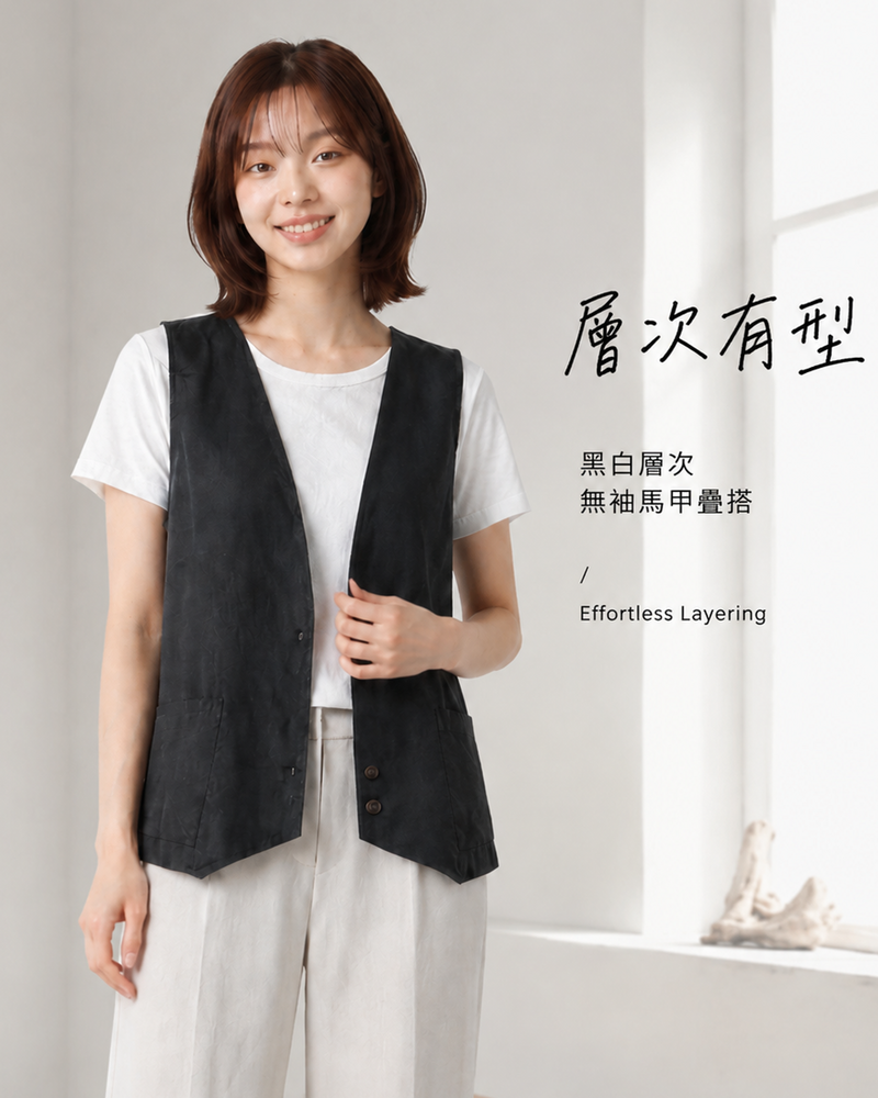 M-2XL 黑色深V排扣寬鬆背心
