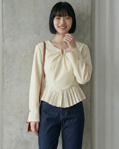 U領環扣抓皺 荷葉百褶下擺 修身短版襯衫