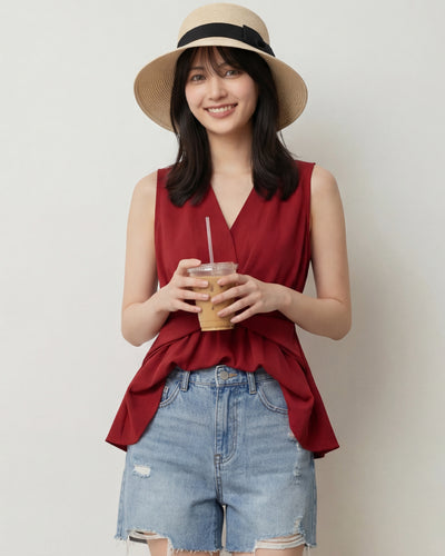 V領扭結收腰荷葉擺無袖上衣-红色-XL