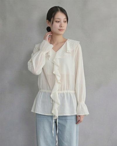 荷葉邊大翻領抽繩收腰襯衫