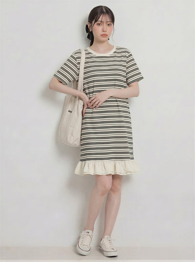 細條紋拼接荷葉邊T恤洋裝-淺米色 X 黑色 條紋-L