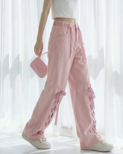 淺粉色高腰繫帶寬褲綁帶牛仔褲