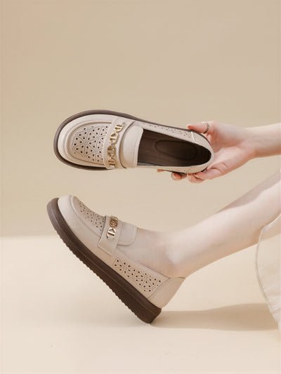 「3色」幾何鏤空金屬鍊飾 女款鏤空低跟3cm便鞋(樂福鞋風格)