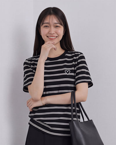 黑色條紋圓領寬鬆短袖T恤-黑色-XL