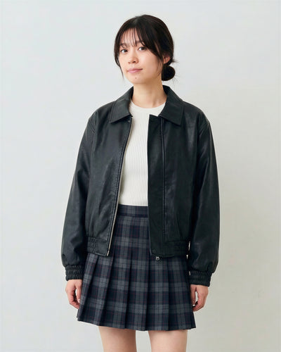 短版廓形 翻領拉鍊皮衣