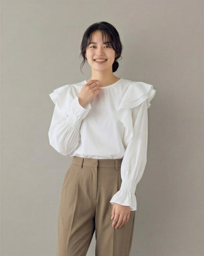 荷葉邊泡泡袖露背綁帶長袖上衣-白色-L
