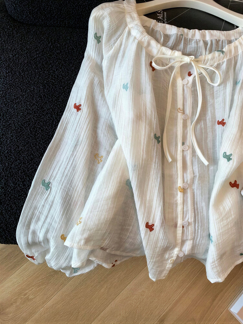 S-XL 白色荷葉邊 | 綁帶刺繡襯衫