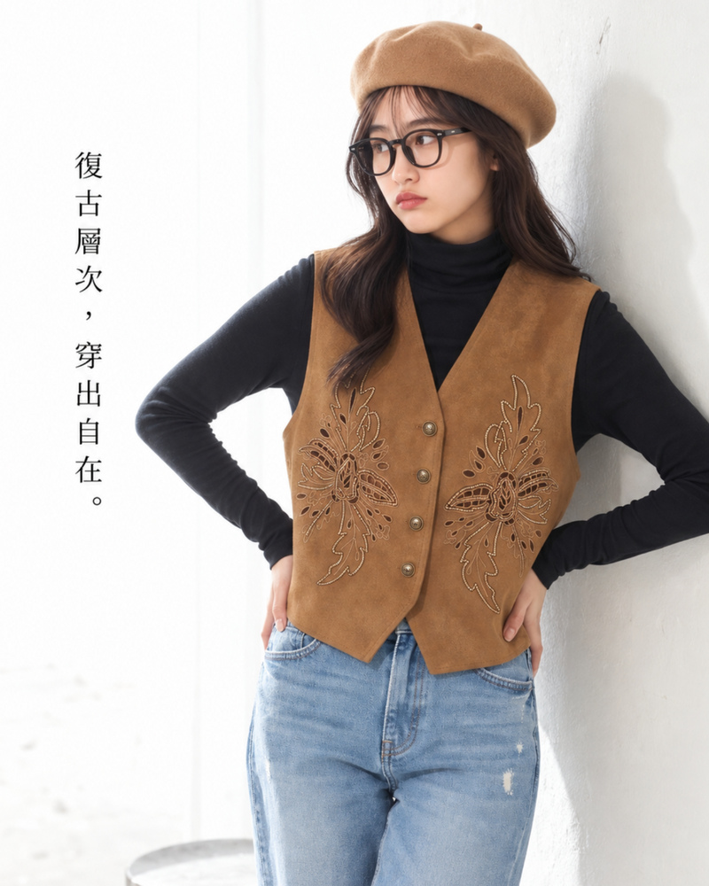 「秋季新品 」M-2XL 刺繡鏤空V領背心