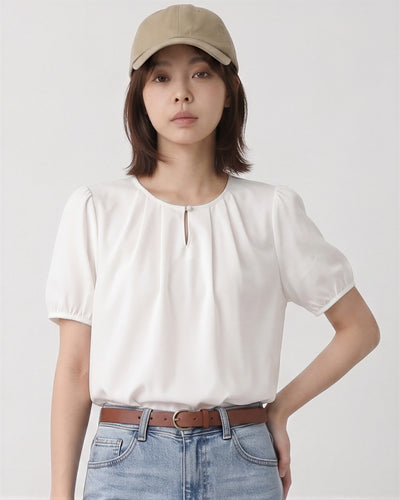 圓領鏤空泡泡袖T恤-白色-2XL