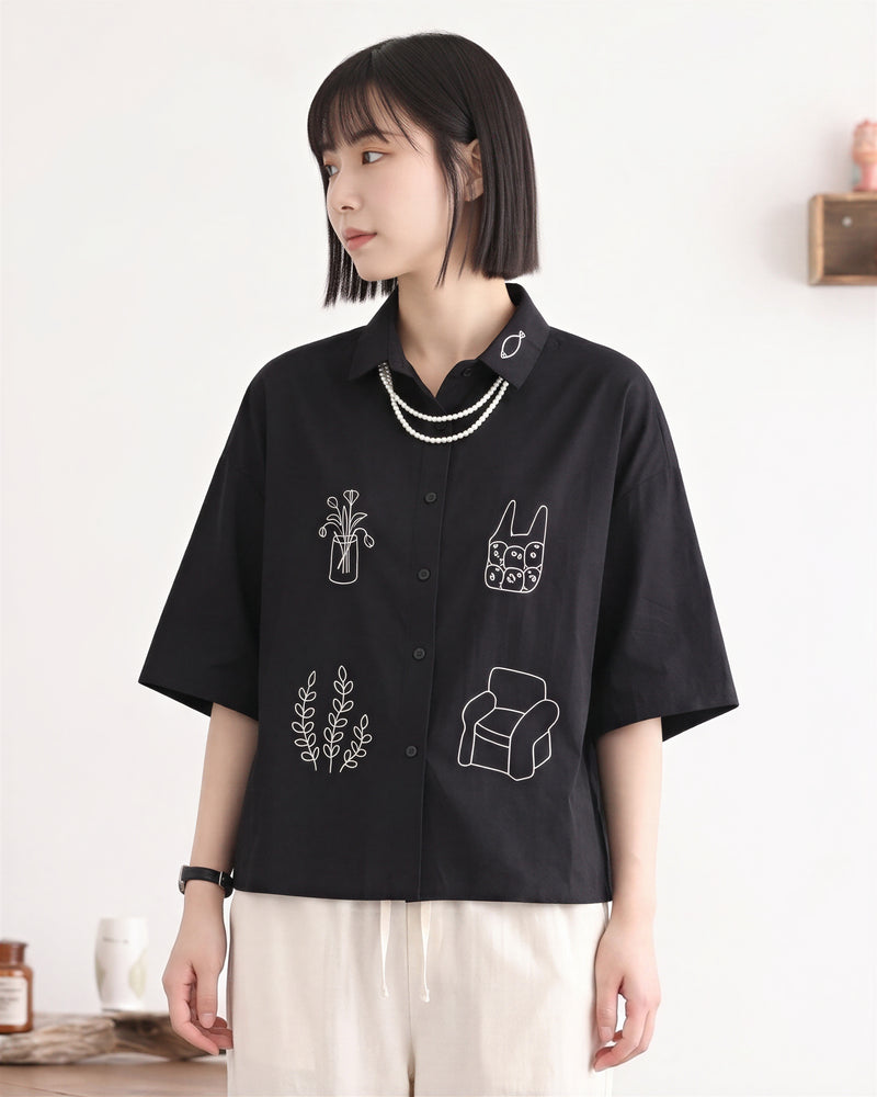 「兩色」M-2XL 趣味線描寬鬆短袖襯衫