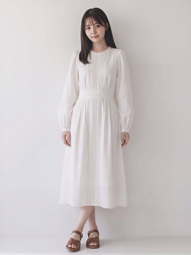 收腰褶飾燈籠袖洋裝-白色-L