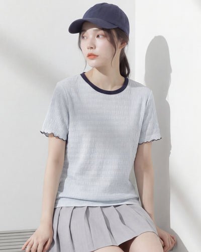 淺藍色撞色圓領波紋肌理T恤-淺藍色-2XL