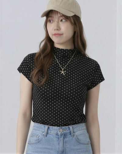 黑色波點立領修身短袖T恤