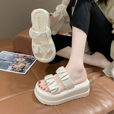 立體皺褶雙帶 厚底增高 女款露趾涼拖鞋-白色-42