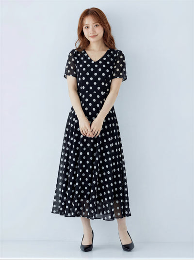 波點V領收腰大擺雪紡連衣裙