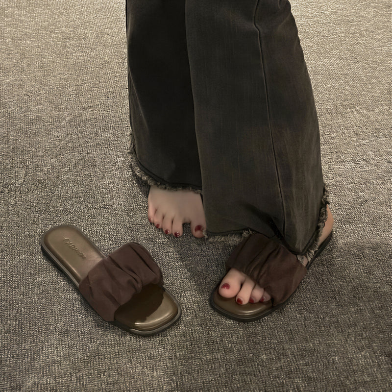 皺褶寬帶 柔絨包覆 平底一字拖鞋