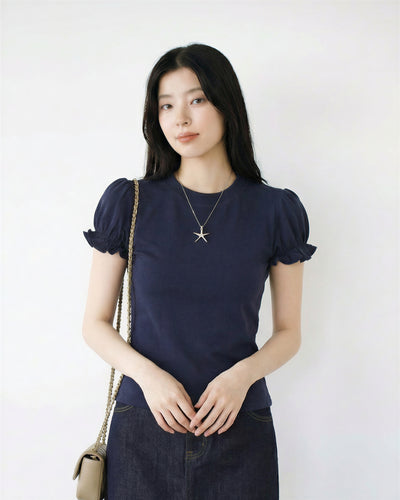 泡泡袖木耳邊 修身羅紋 圓領短袖T恤