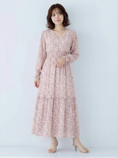 V領排釦收腰荷葉裙擺雪紡洋裝