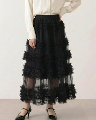 分層荷葉邊立體花朵網紗半身裙-黑色-F