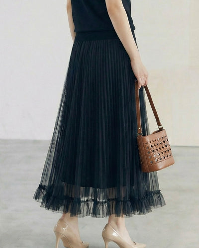 細緻壓褶垂墜木耳邊網紗中長裙-黑色-均碼