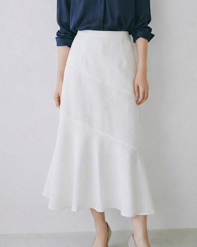 斜向拼接紋理魚尾長款半身裙-淺米色-L