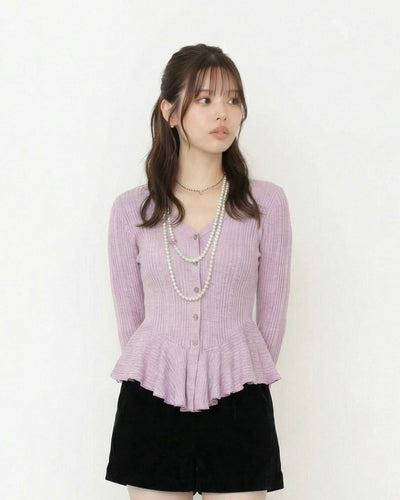 V領排扣收腰荷葉擺喇叭袖T恤-淺紫色-XL