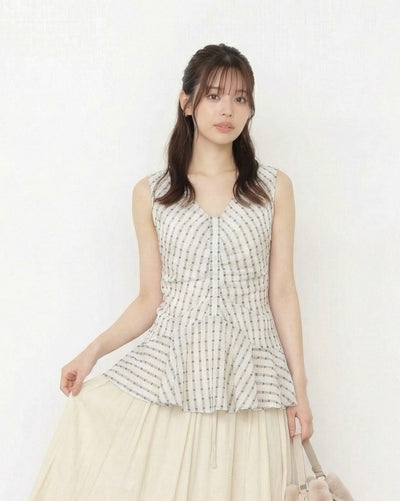 V領排釦荷葉擺無袖襯衫-純白色-L