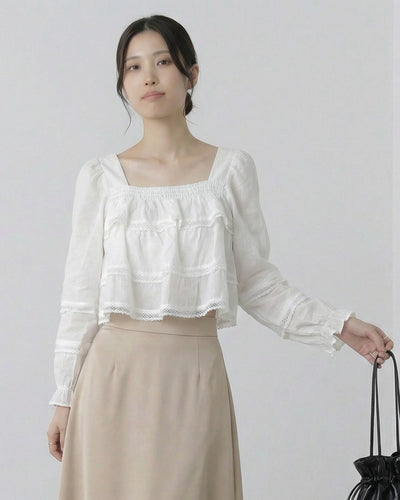 方領鬆緊抓皺層疊荷葉邊襯衫-純白色-均碼