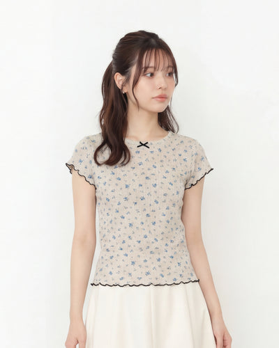 碎花提花蝴蝶結領口針織T恤