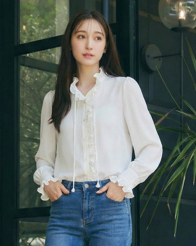 荷葉立領綁帶木耳邊長袖襯衫