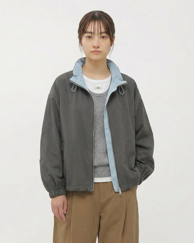 灰色立領抽繩寬鬆外套