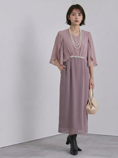 V領披肩蝙蝠袖收腰雪紡長版洋裝