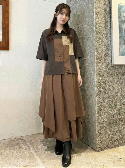 拼接貼袋襯衫+不規則疊層半身裙兩件套