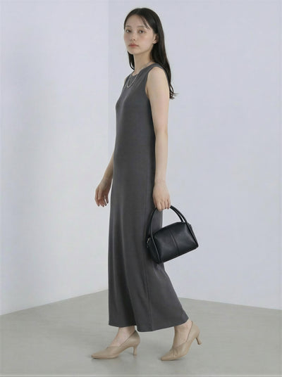 圓領短袖直筒拖地長款連身裙