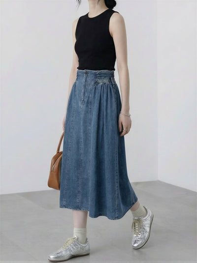 高腰抽褶A字中長款牛仔裙