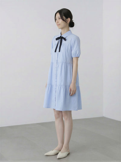 蝴蝶結綁帶 泡泡袖 蛋糕裙襯衫洋裝