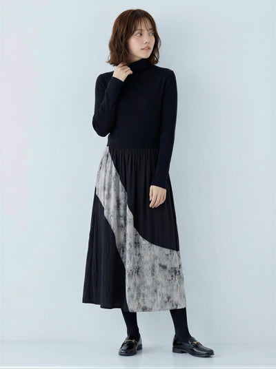 高領修身拼接長版針織洋裝