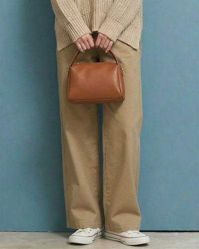 高腰雙扣腰頭直筒闊腿褲-淺棕色-XL