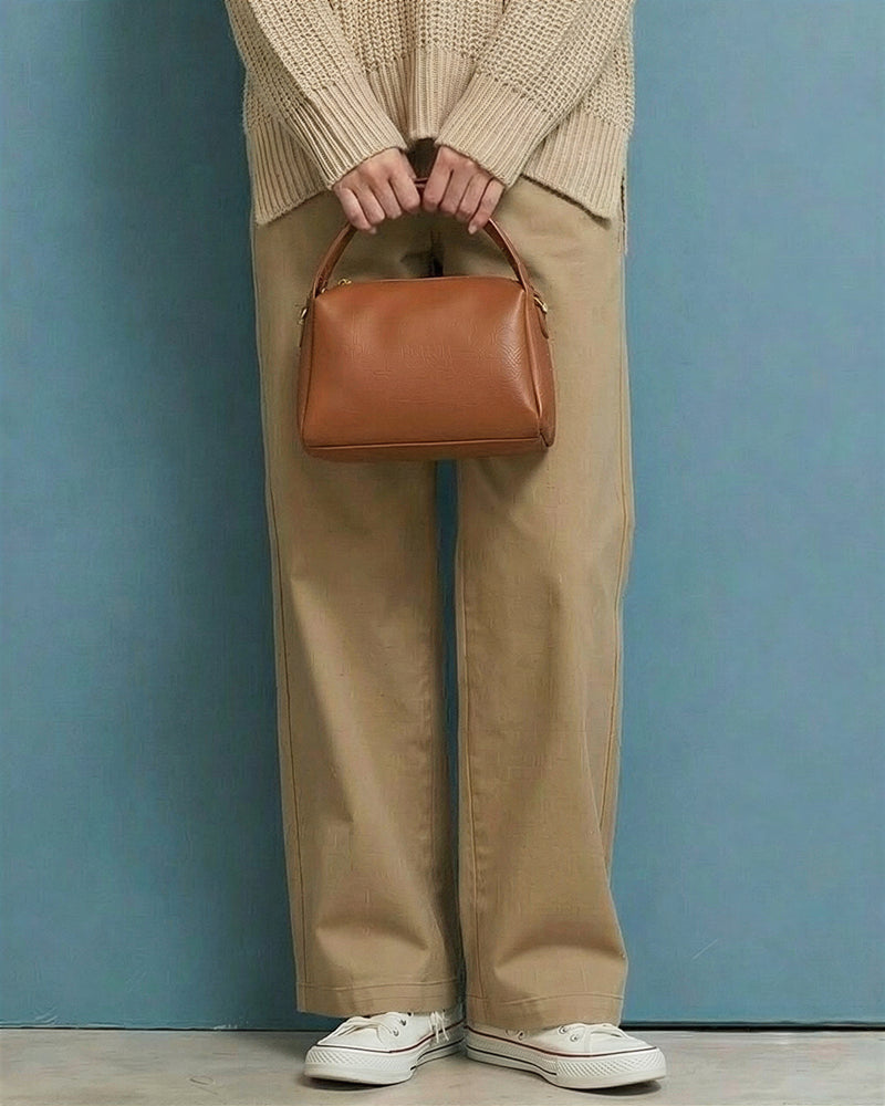 高腰雙扣腰頭直筒闊腿褲-淺棕色-XL