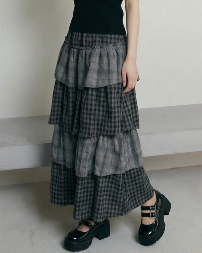 拼接格紋多層荷葉邊蛋糕長裙