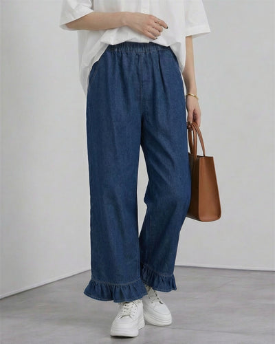 鬆緊高腰木耳邊牛仔闊腿褲