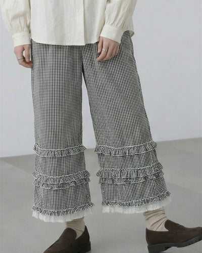 多層荷葉邊拼接寬褲