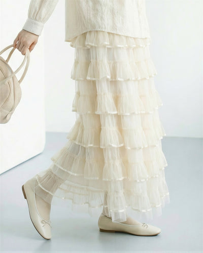 層疊荷葉邊拖地網紗蛋糕長裙