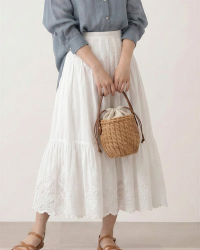 高腰褶襉拼接蕾絲A字裙
