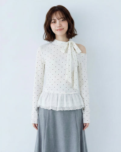 露肩蝴蝶結波點拼接長袖T恤-純白色-XL