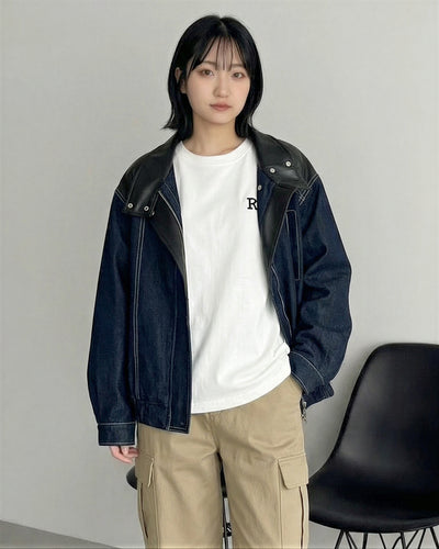 撞色明線翻領騎士夾克-海軍藍色-L