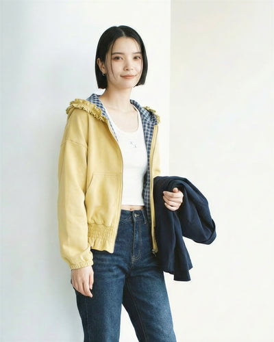 荷葉邊連帽拼格紋內裡短版連帽拉鍊衛衣外套