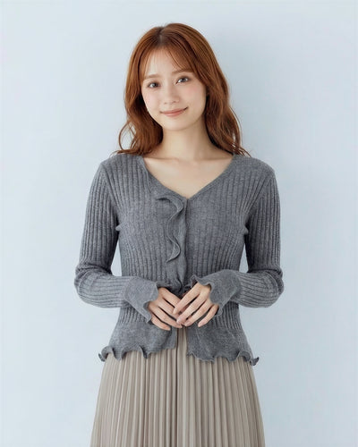 灰色V領荷葉邊修身羅紋針織衫